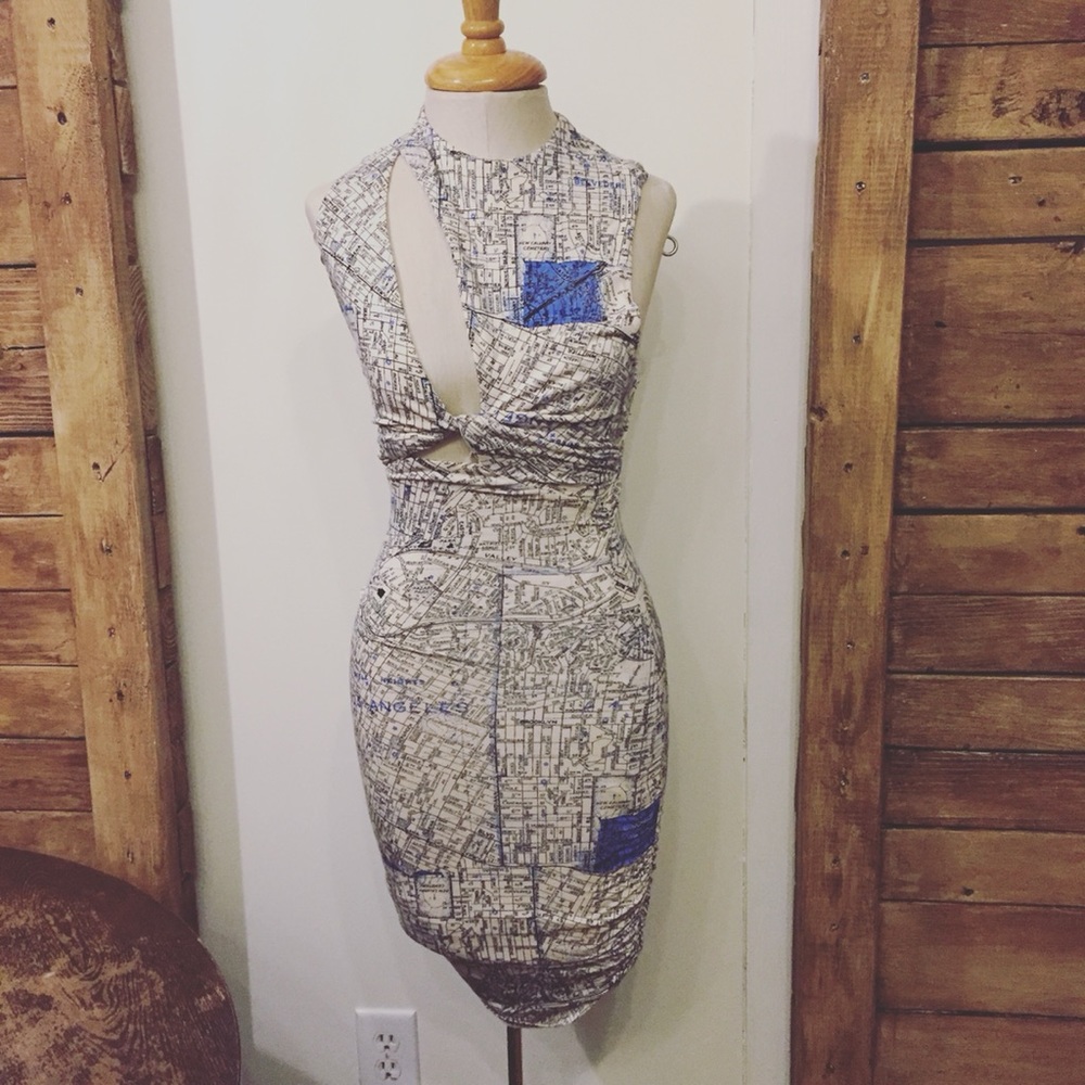 NWT new urban outfitters map dress cutout ruch sleeveless S